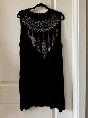 Rainbow Plus Boho Feather Print Swing Dress Sleeveless Tribal Tank Dress